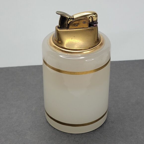Vintage Evans Table Lighter Milk Glass  Brass Gold Details - Picture 6 of 11